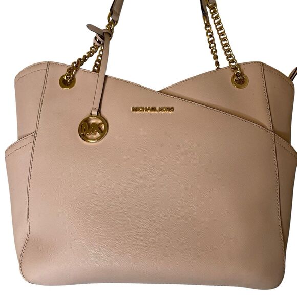 Michael Kors Jet Set Shoulder Tote Bag Powder Blush Pink Leather Large Chain - Picture 2 of 16